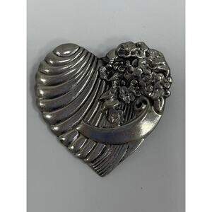 Vintage Fine Pewter  Heart with Flowers Brooch. Elios. WA280